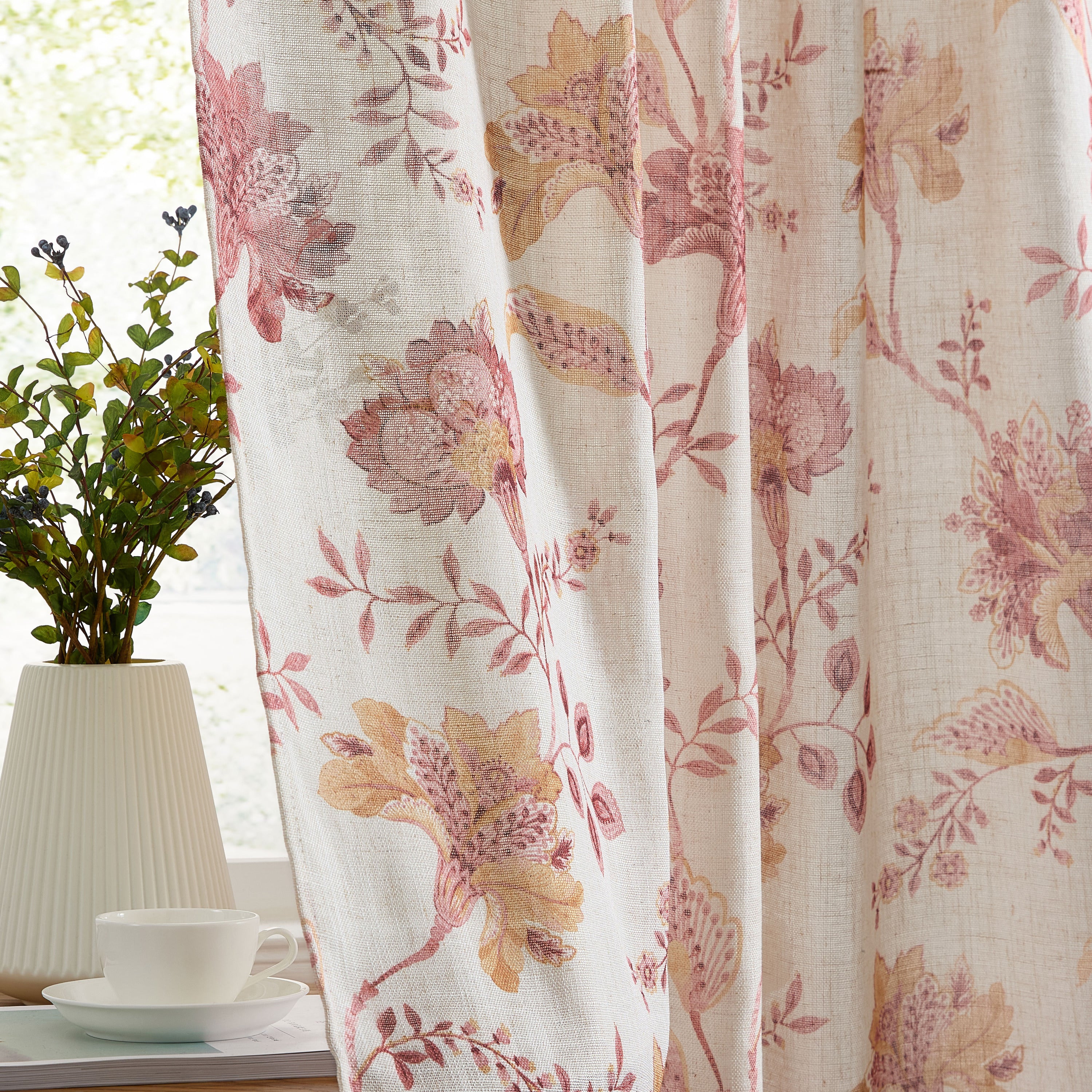 Spring Bloom Linen Floral Rod Pocket Back Tab Curtains