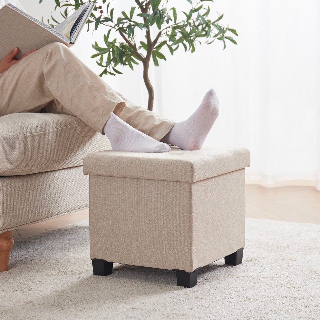 Foldable Tufted 15 Inch Square Linen Storage Ottoman with Legs - Beige