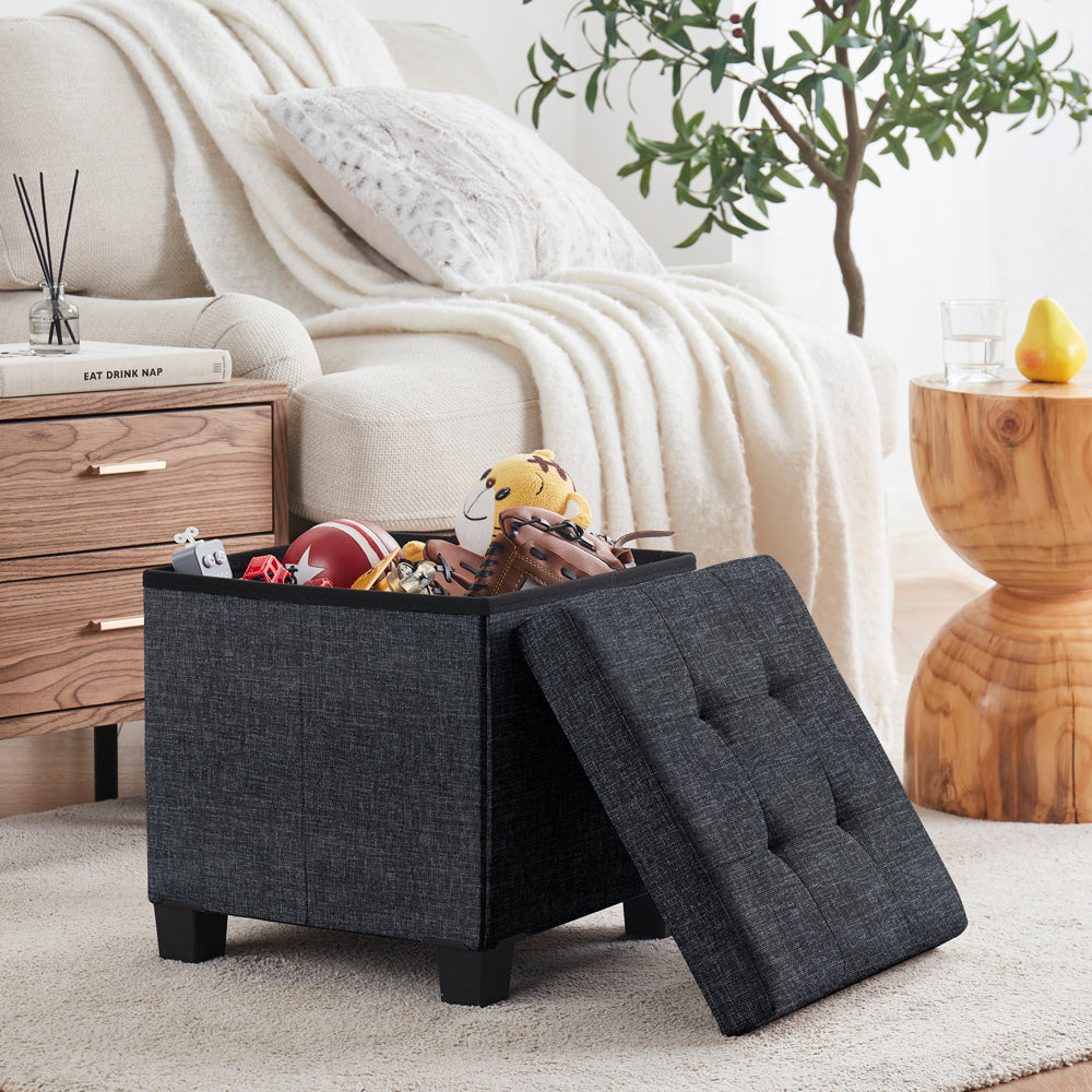 Foldable Tufted 15 Inch Square Linen Storage Ottoman with Legs - Black