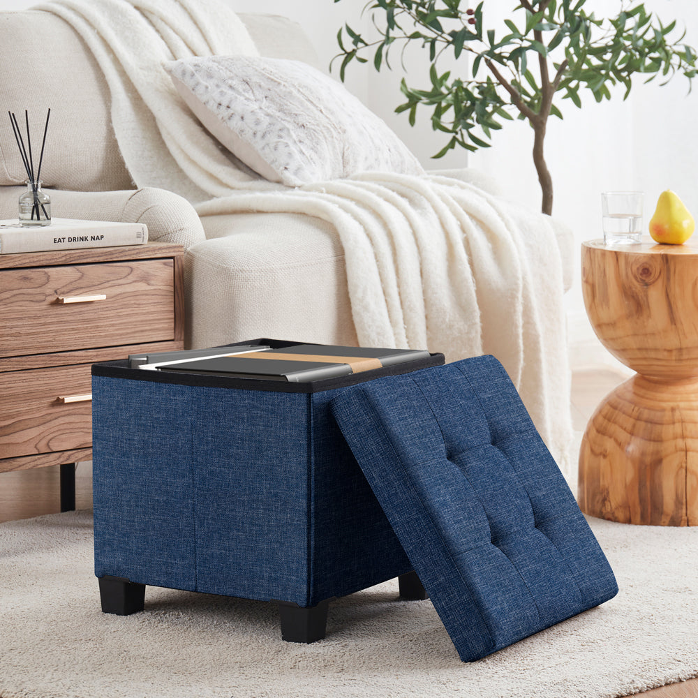 Foldable Tufted 15 Inch Square Linen Storage Ottoman with Legs