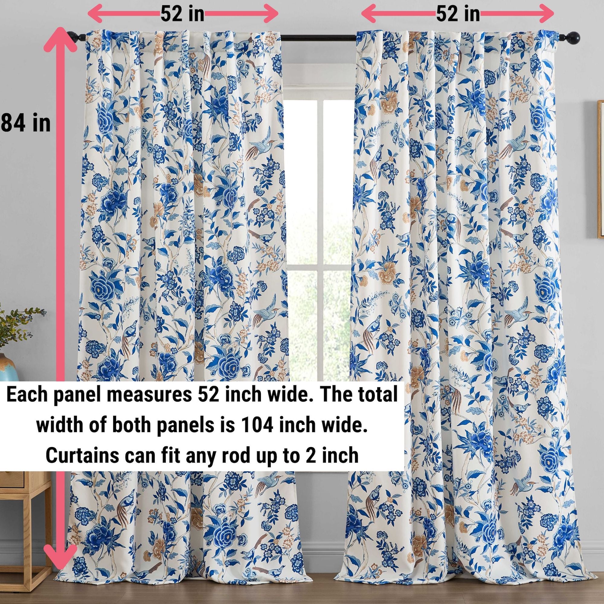 Scarlet Floral & Birds Back Tab Rod Pocket Window Curtains - Pair