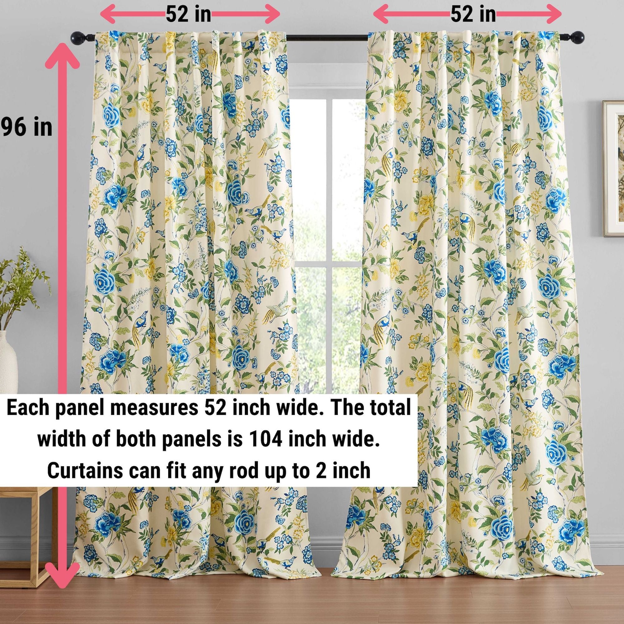 Scarlet Floral & Birds Back Tab Rod Pocket Window Curtains - Pair