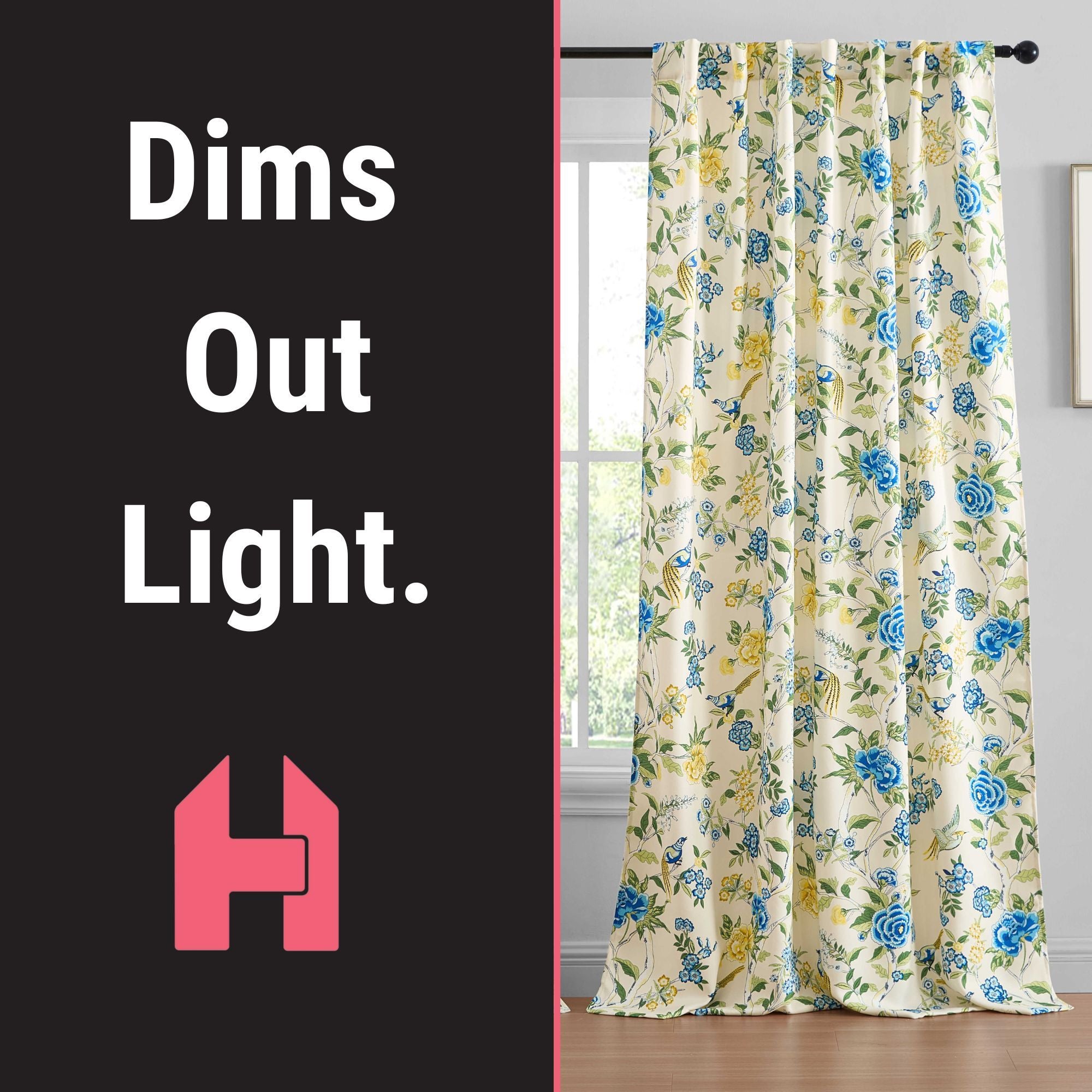 Scarlet Floral & Birds Back Tab Rod Pocket Window Curtains - Pair