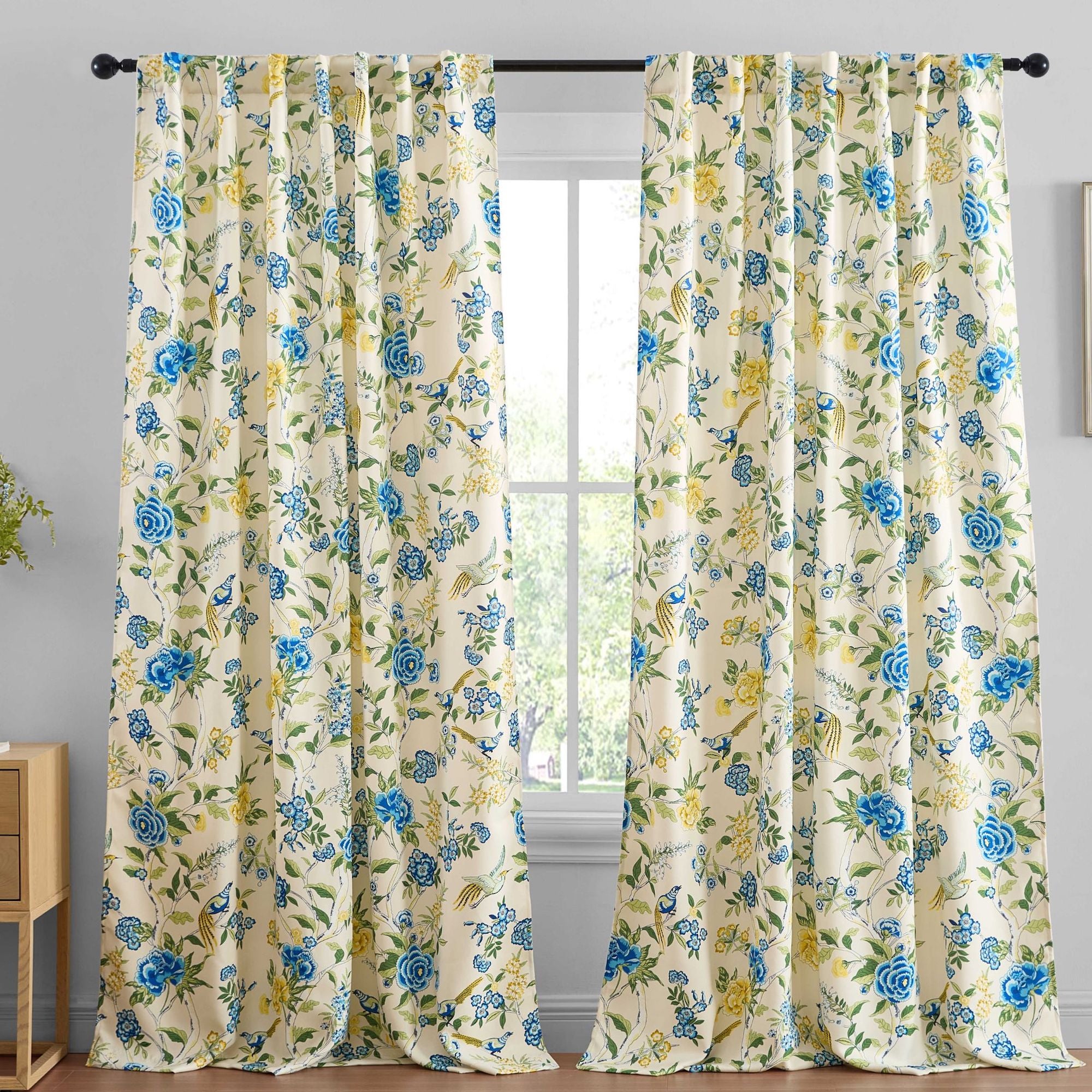 Scarlet Floral & Birds Back Tab Rod Pocket Window Curtains - Pair