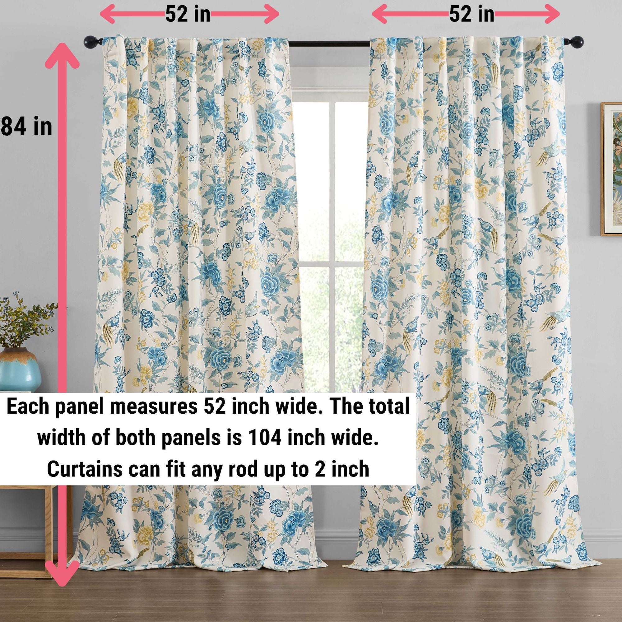 Scarlet Floral & Birds Back Tab Rod Pocket Window Curtains - Pair