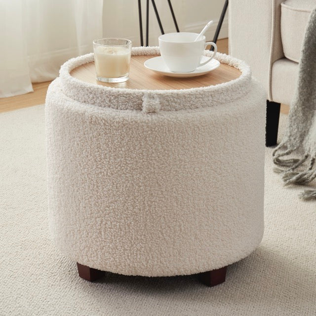 Lawrence Round Boucle White Storage Ottoman with Table Top Lid