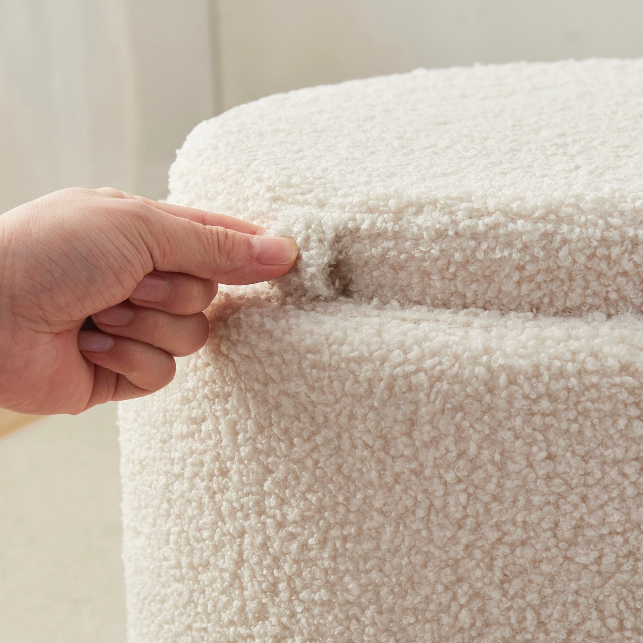 Lawrence Round Boucle White Storage Ottoman with Table Top Lid