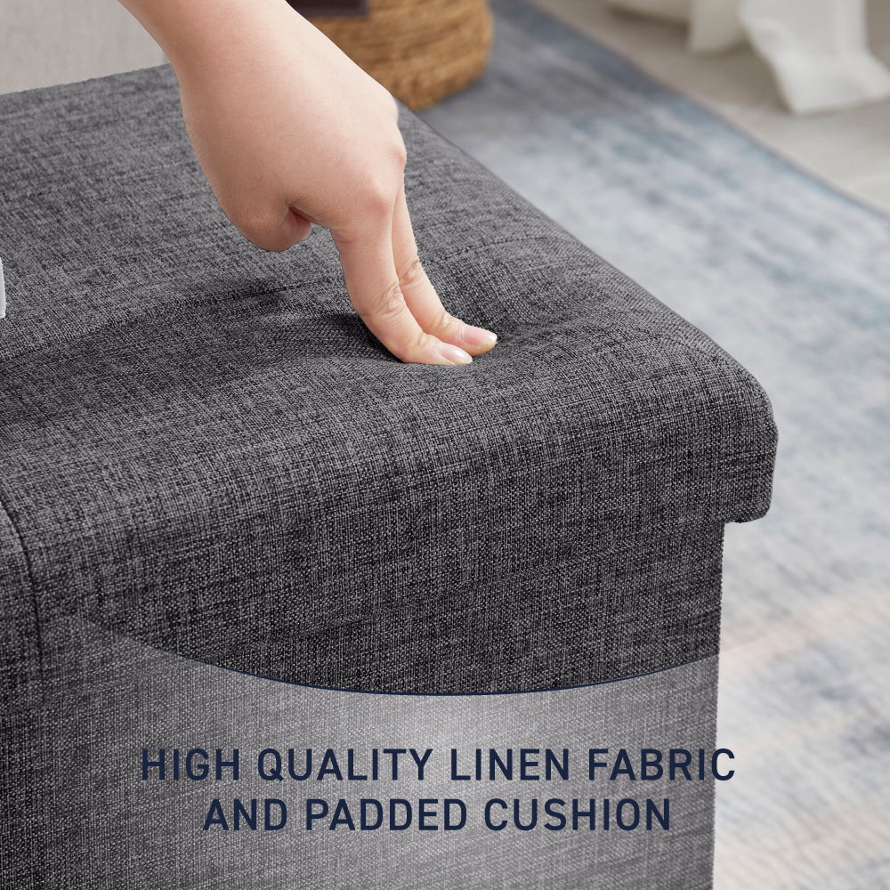 Foldable Tufted Linen Long Bench Storage Ottoman - Charcoal Gray