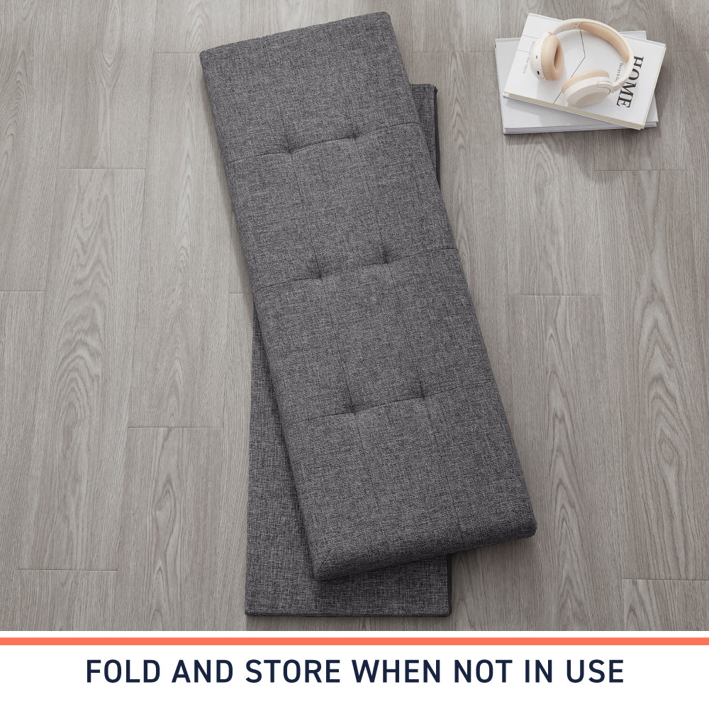 Foldable Tufted Linen Long Bench Storage Ottoman - Charcoal Gray