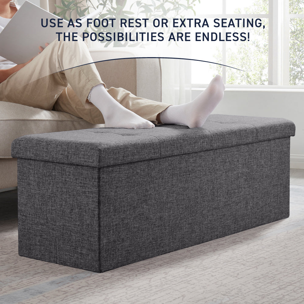Foldable Tufted Linen Long Bench Storage Ottoman - Charcoal Gray