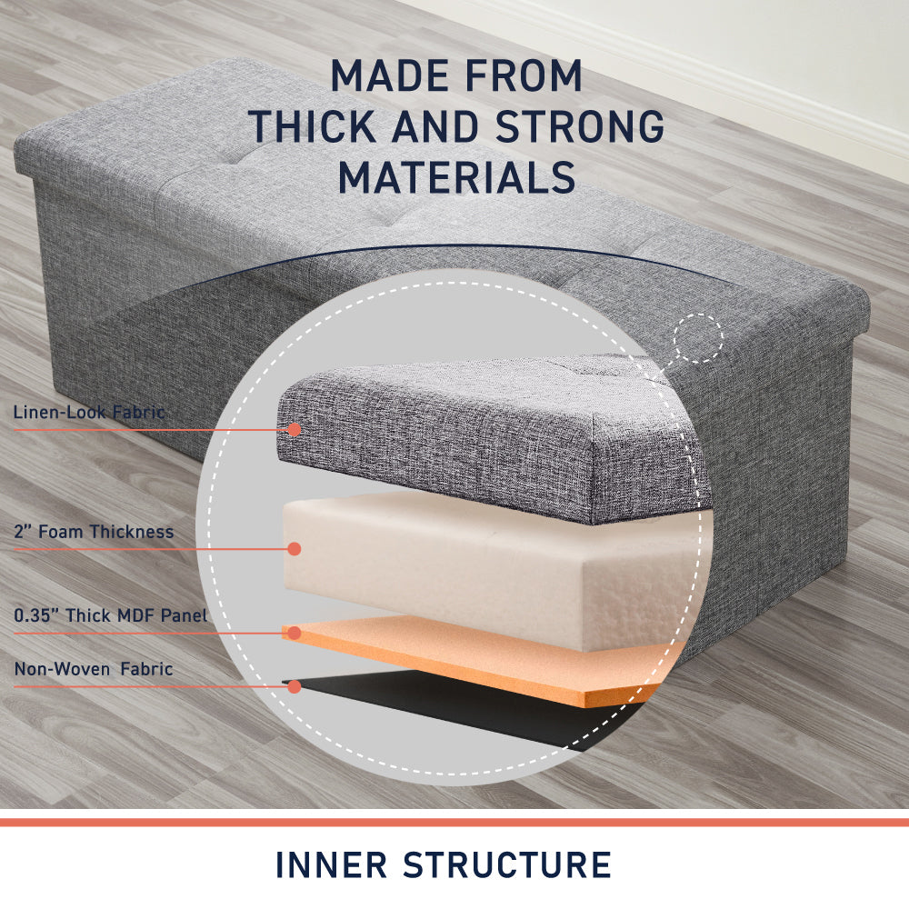 Foldable Tufted Linen Long Bench Storage Ottoman - Gray