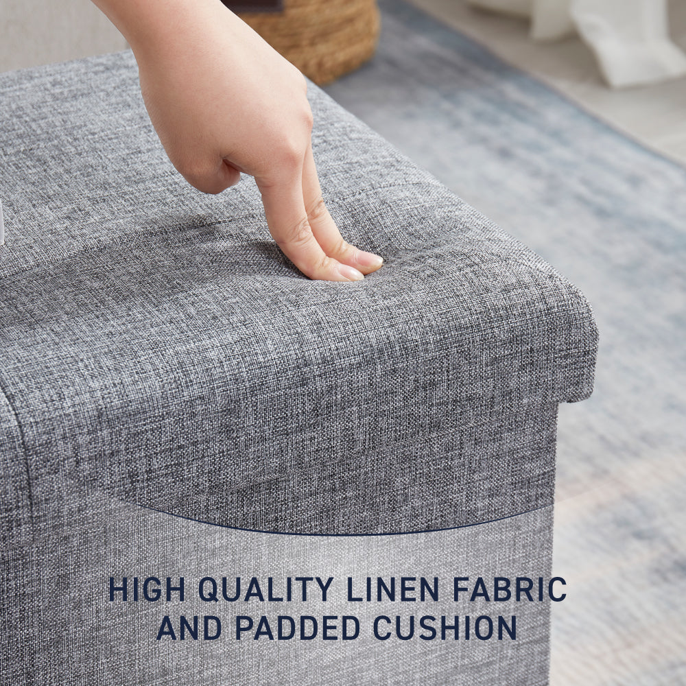 Foldable Tufted Linen Long Bench Storage Ottoman - Gray
