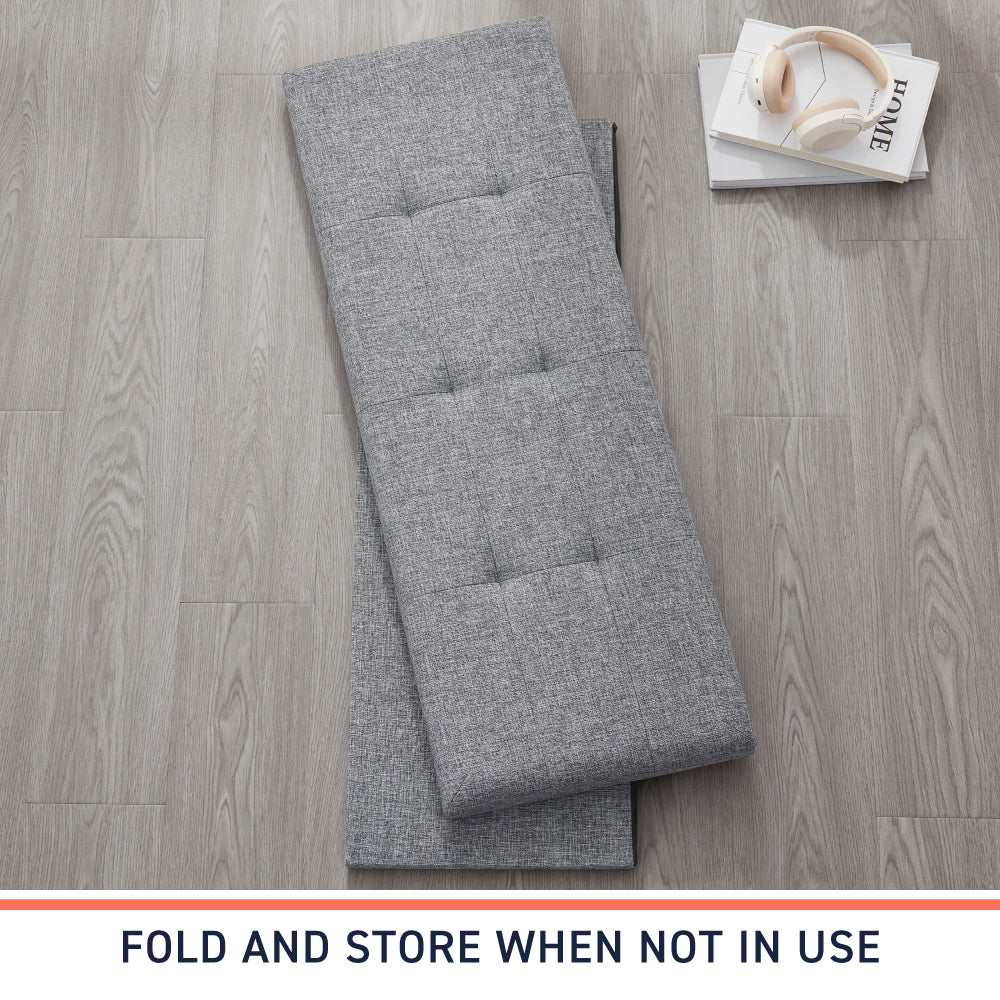 Foldable Tufted Linen Long Bench Storage Ottoman - Gray