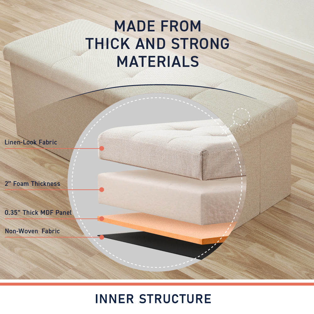 Foldable Tufted Linen Long Bench Storage Ottoman - Beige