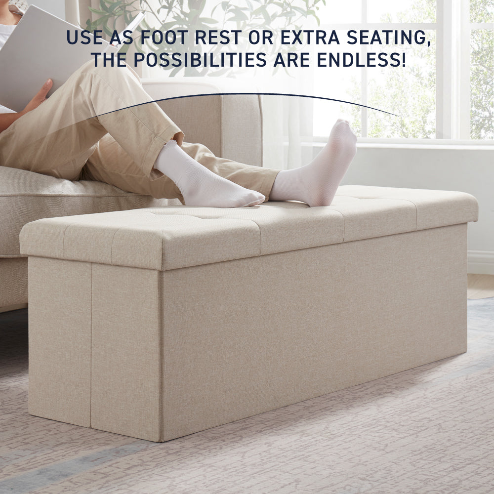 Foldable Tufted Linen Long Bench Storage Ottoman - Beige