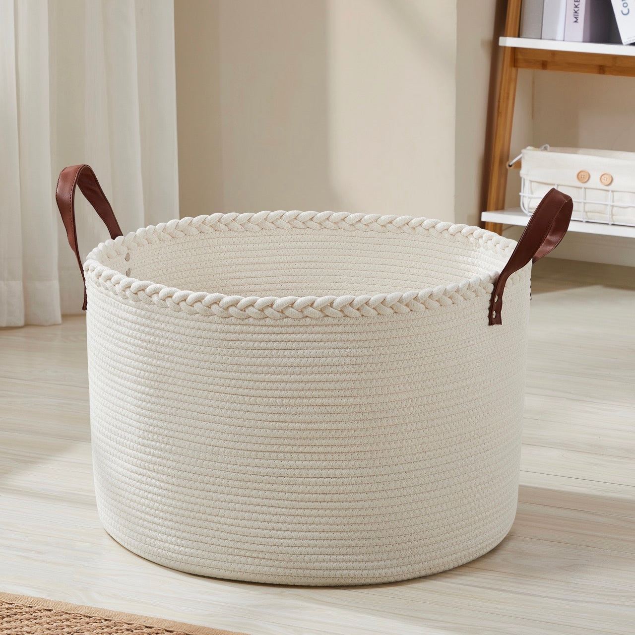Extra Large Round Cotton Rope Storage Basket Laundry Hamper with Leather Handles