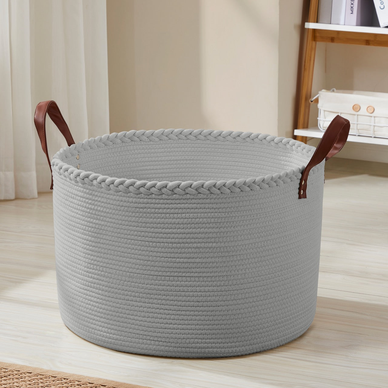 Extra Large Round Cotton Rope Storage Basket Laundry Hamper with Leather Handles
