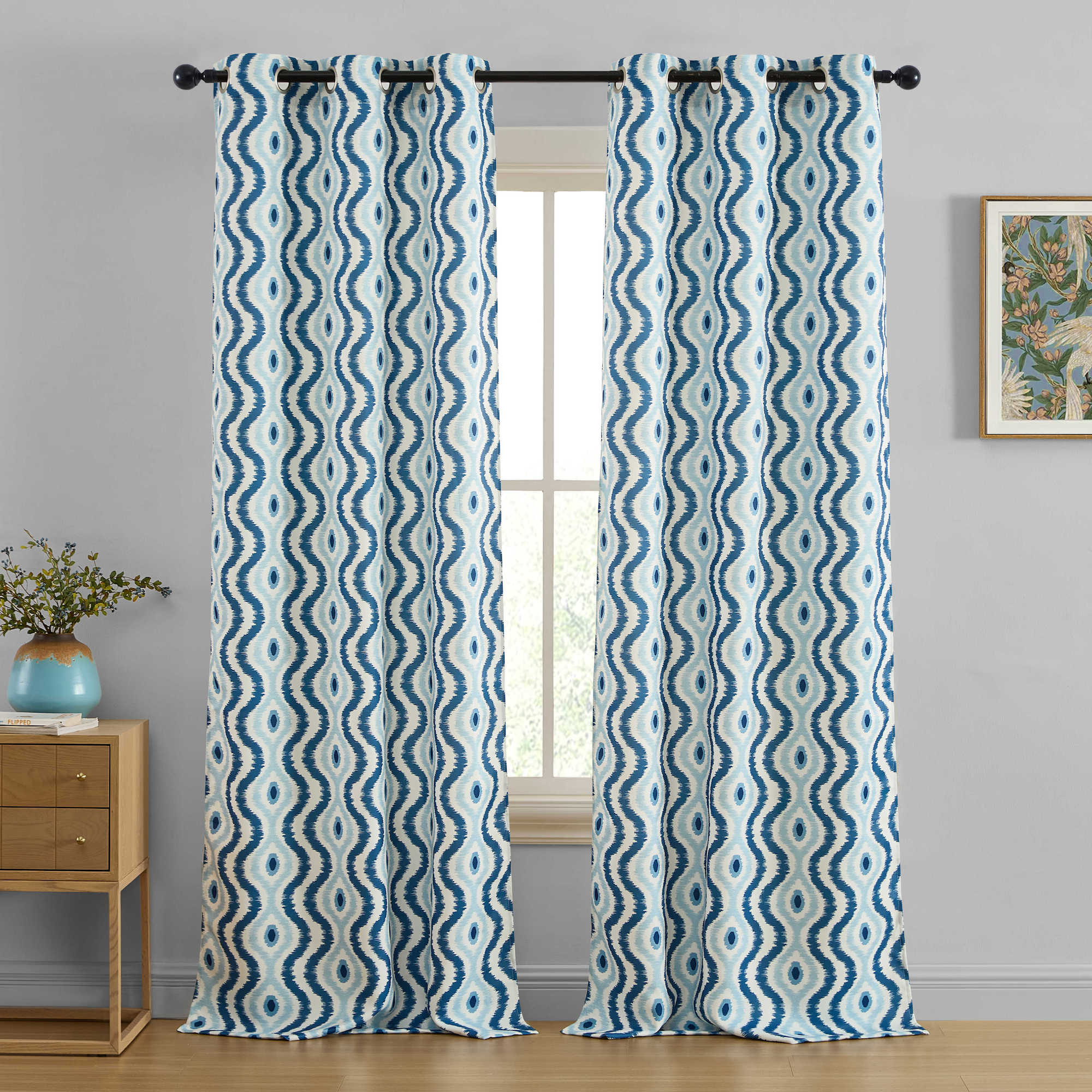 Tanner Ogee Ikatt Damask Grommet Window Curtains - Pair
