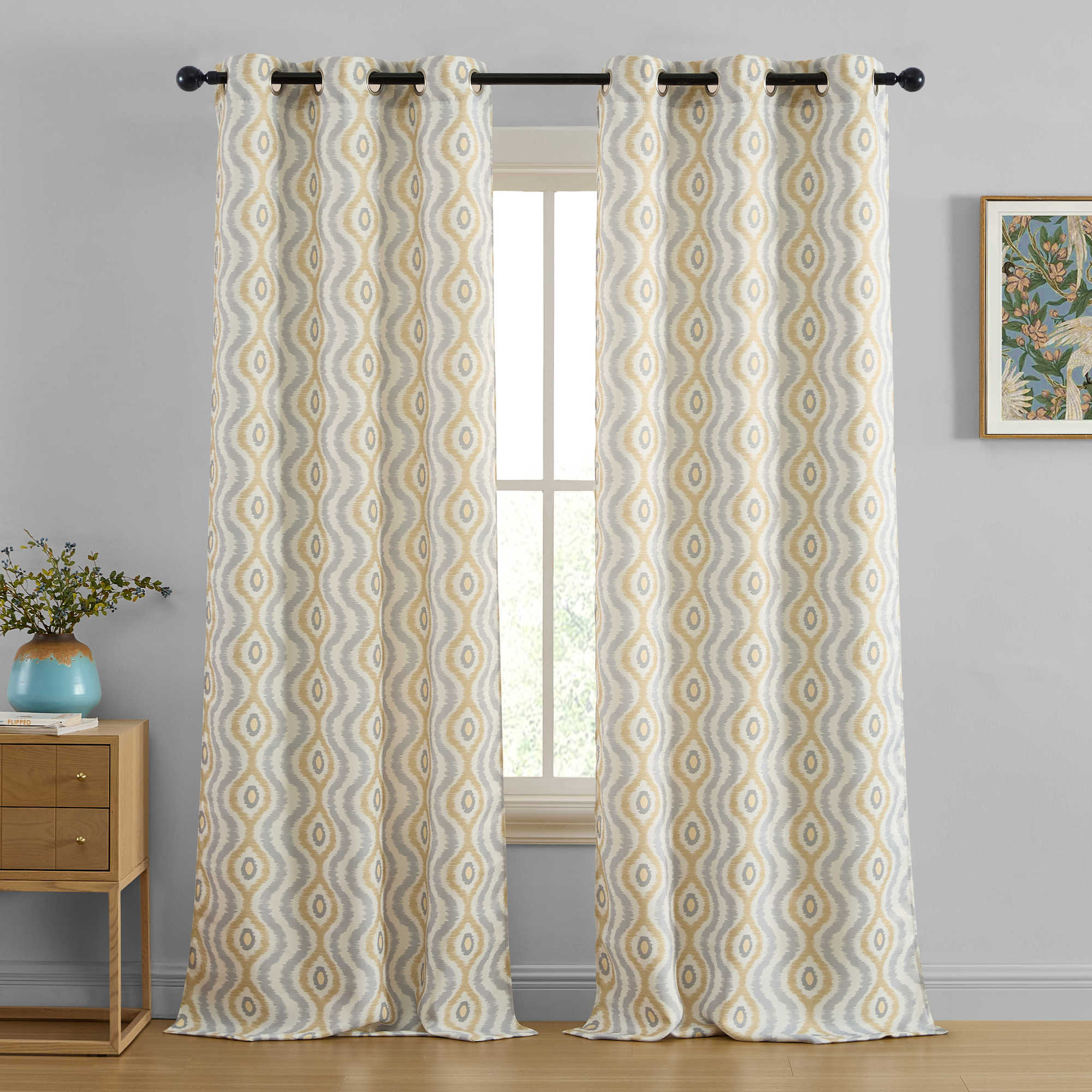 Tanner Ogee Ikatt Damask Grommet Window Curtains - Pair