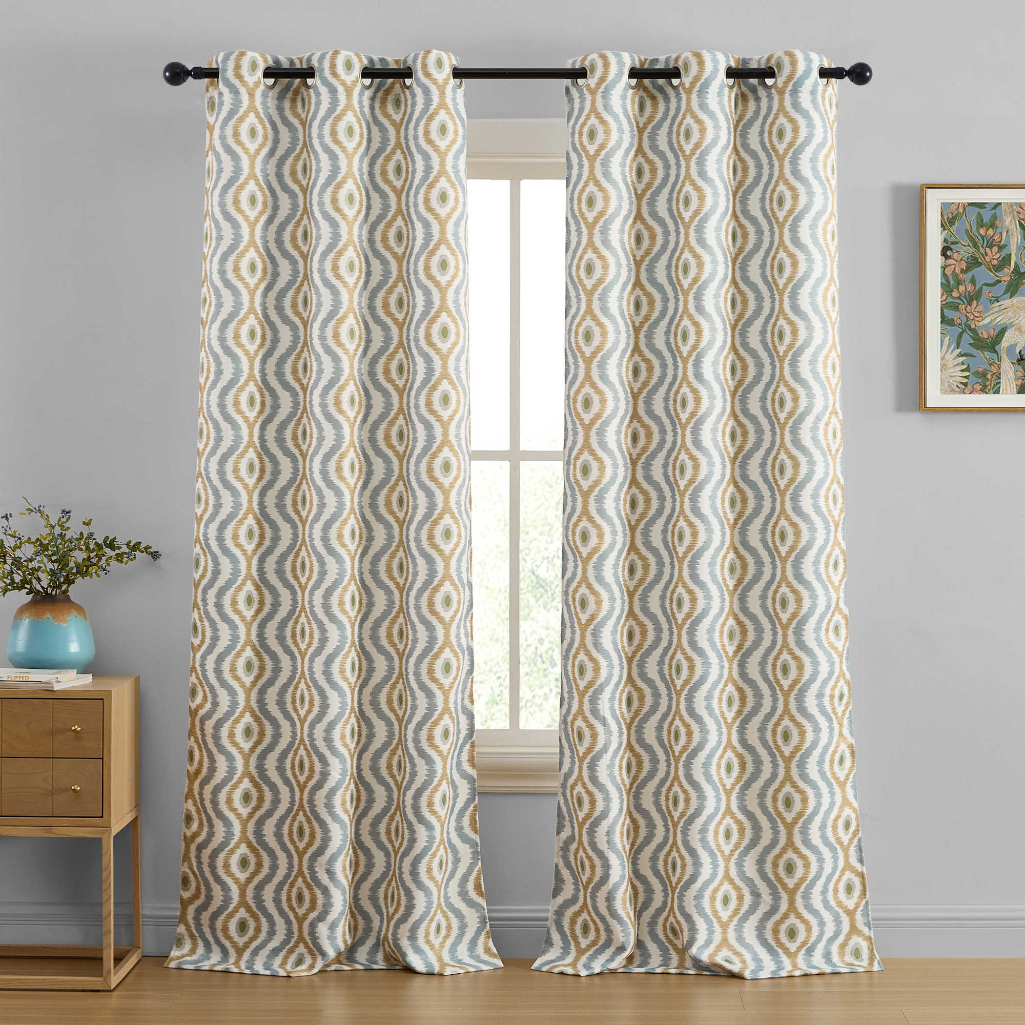 Tanner Ogee Ikatt Damask Grommet Window Curtains - Pair