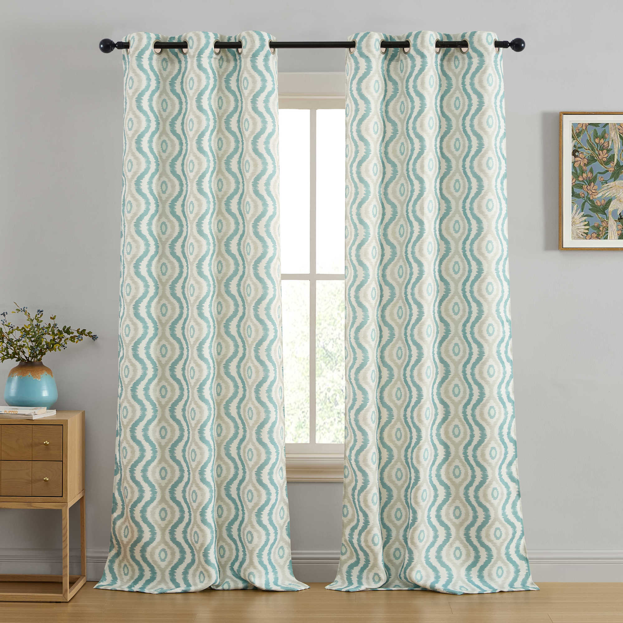 Tanner Ogee Ikatt Damask Grommet Window Curtains - Pair