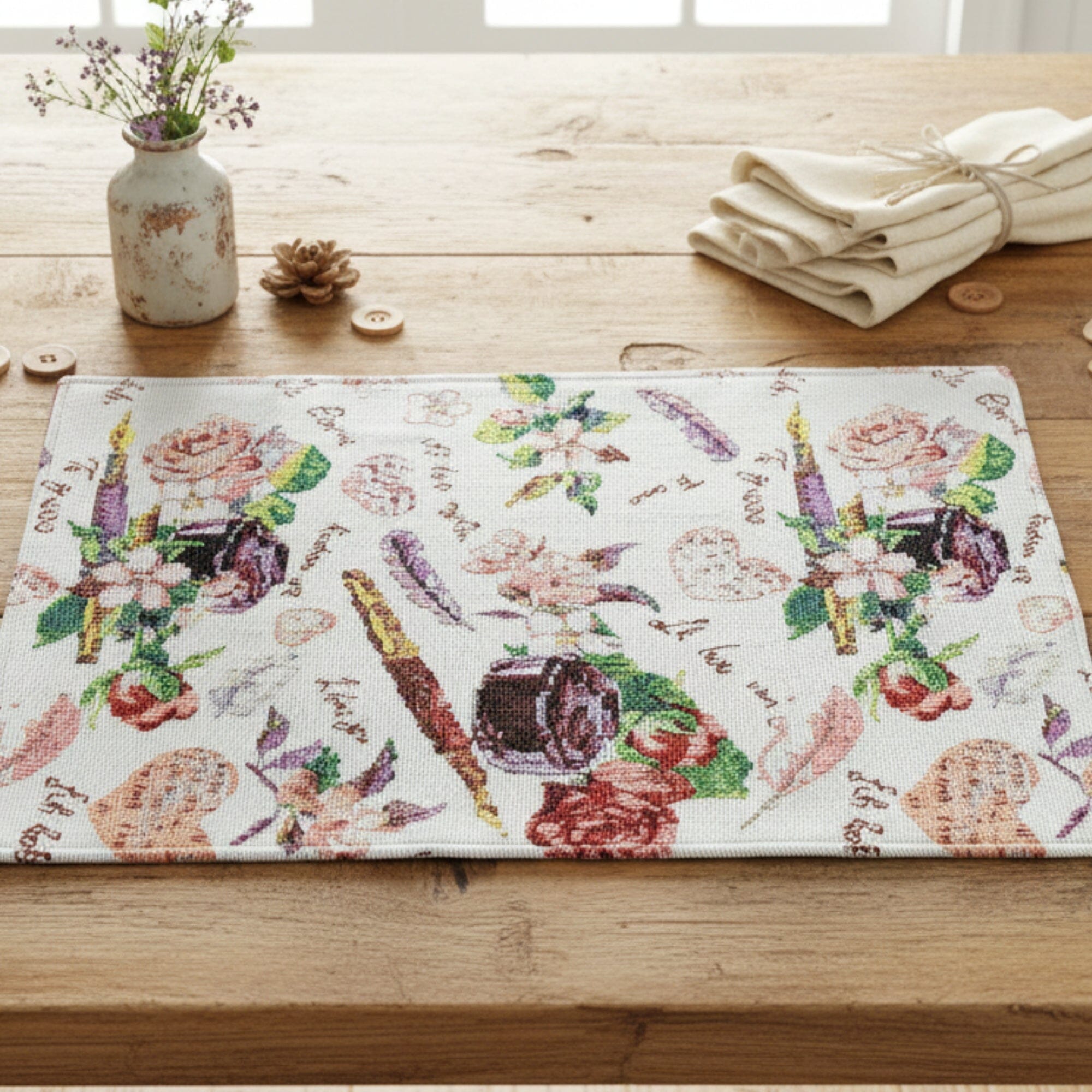 Set of 4-Pieces Sweet Love Notes Pink Floral Tapestry Dining Table Placemats 13" x 19"