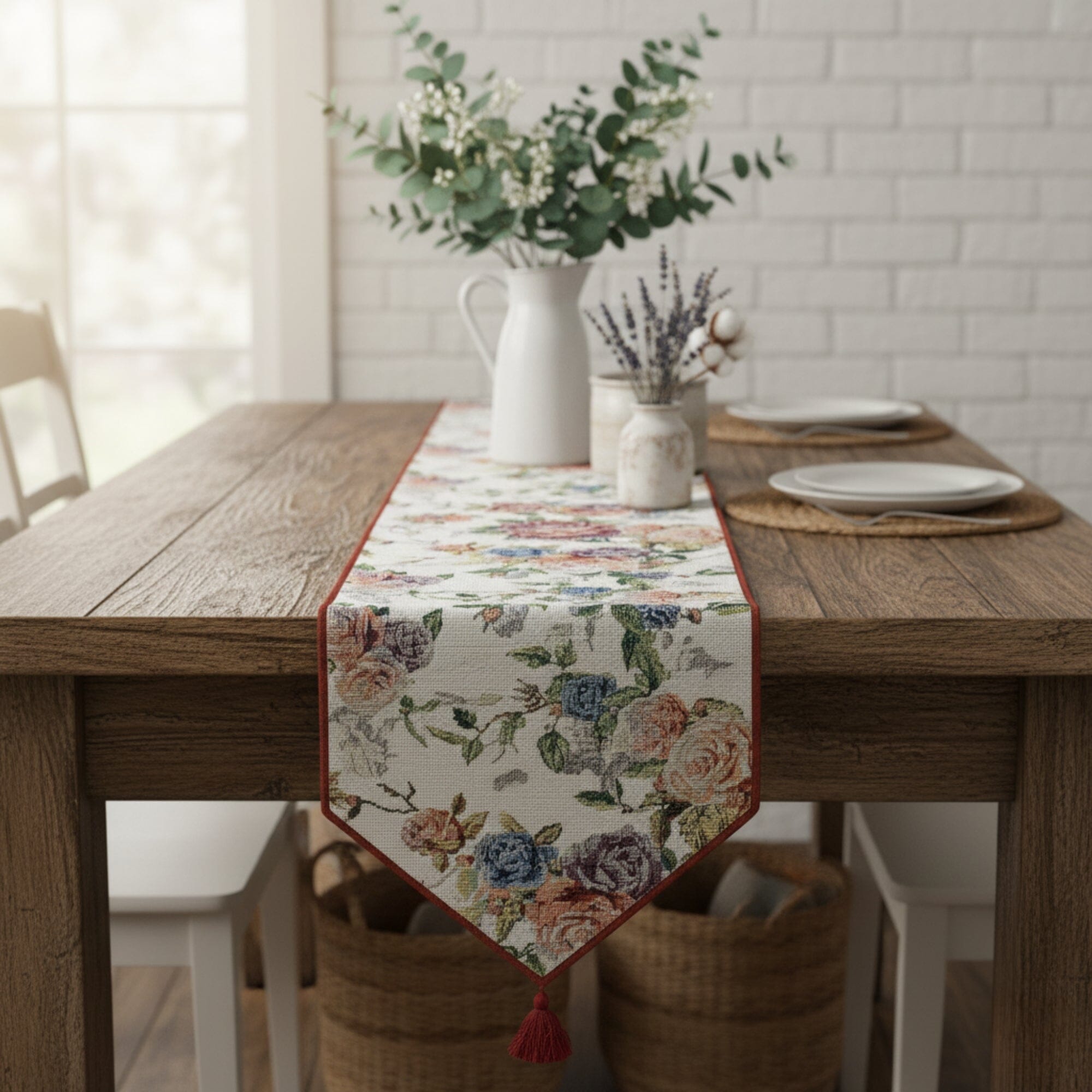 Vintage Romantic Roses Lovely Pink Floral Woven Tapestry Dining Table Runner (879)