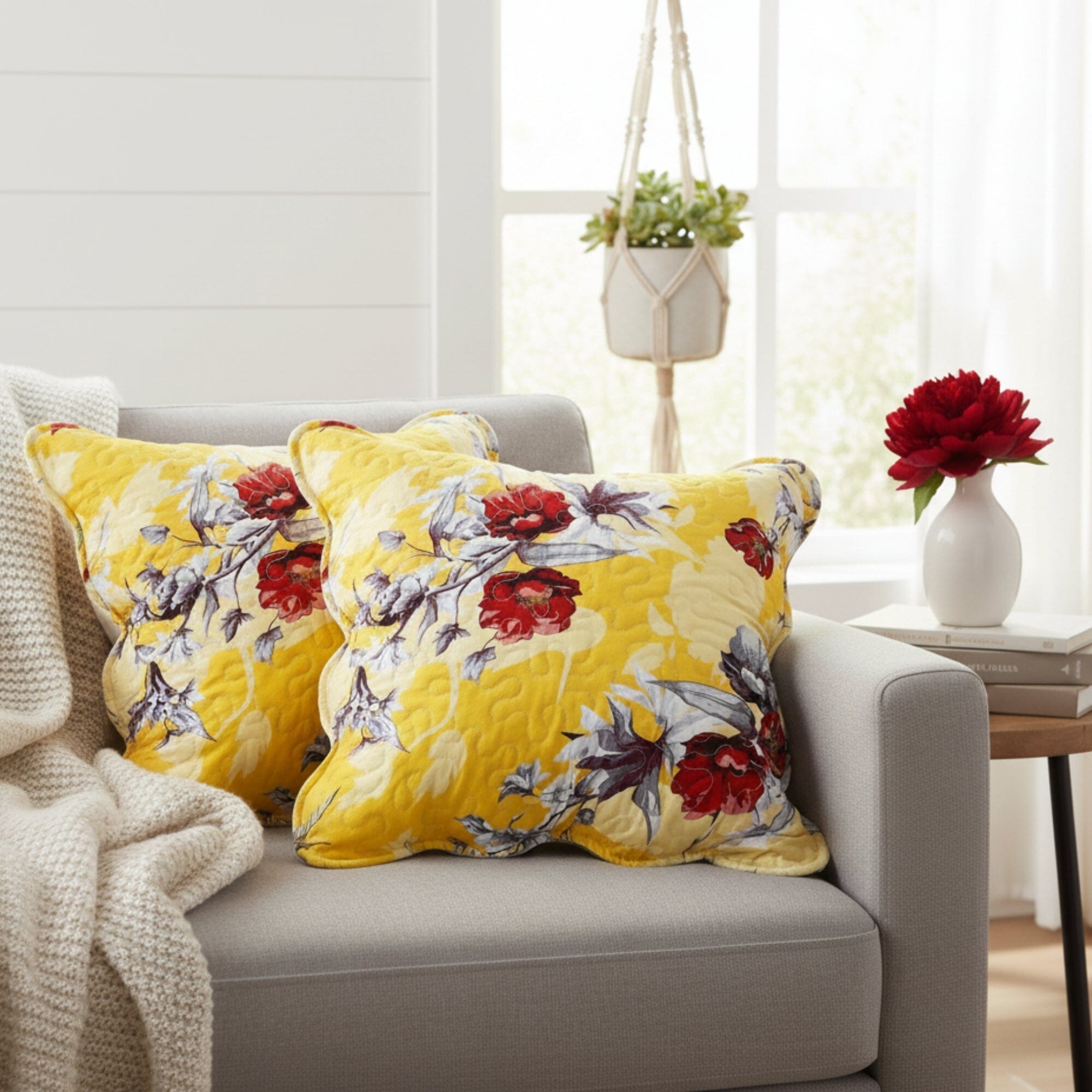 Set of 2 Sunshine Yellow Hummingbirds Floral Scalloped Throw Pillow Covers, 18" (JHW925)
