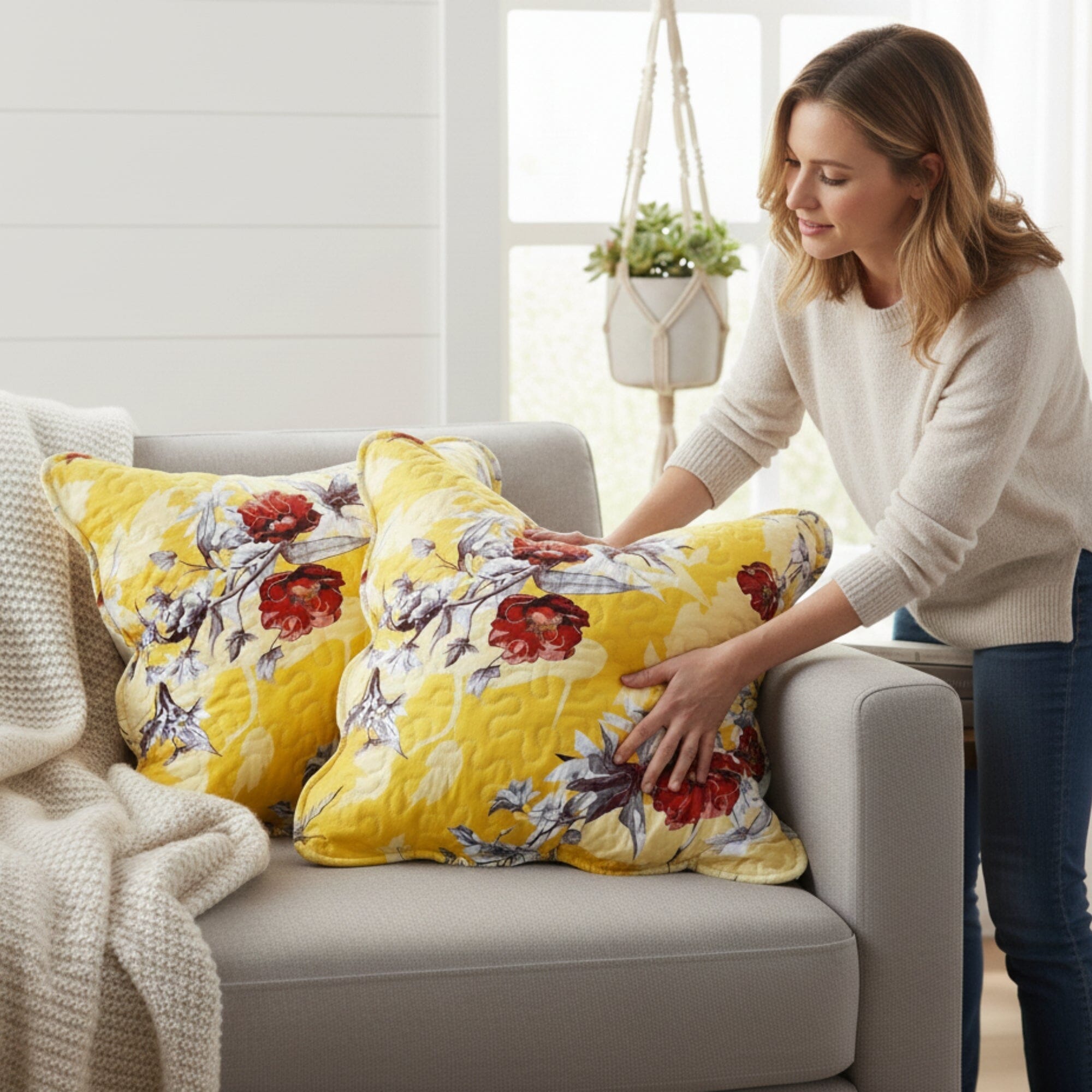 Set of 2 Sunshine Yellow Hummingbirds Floral Scalloped Throw Pillow Covers, 18" (JHW925)