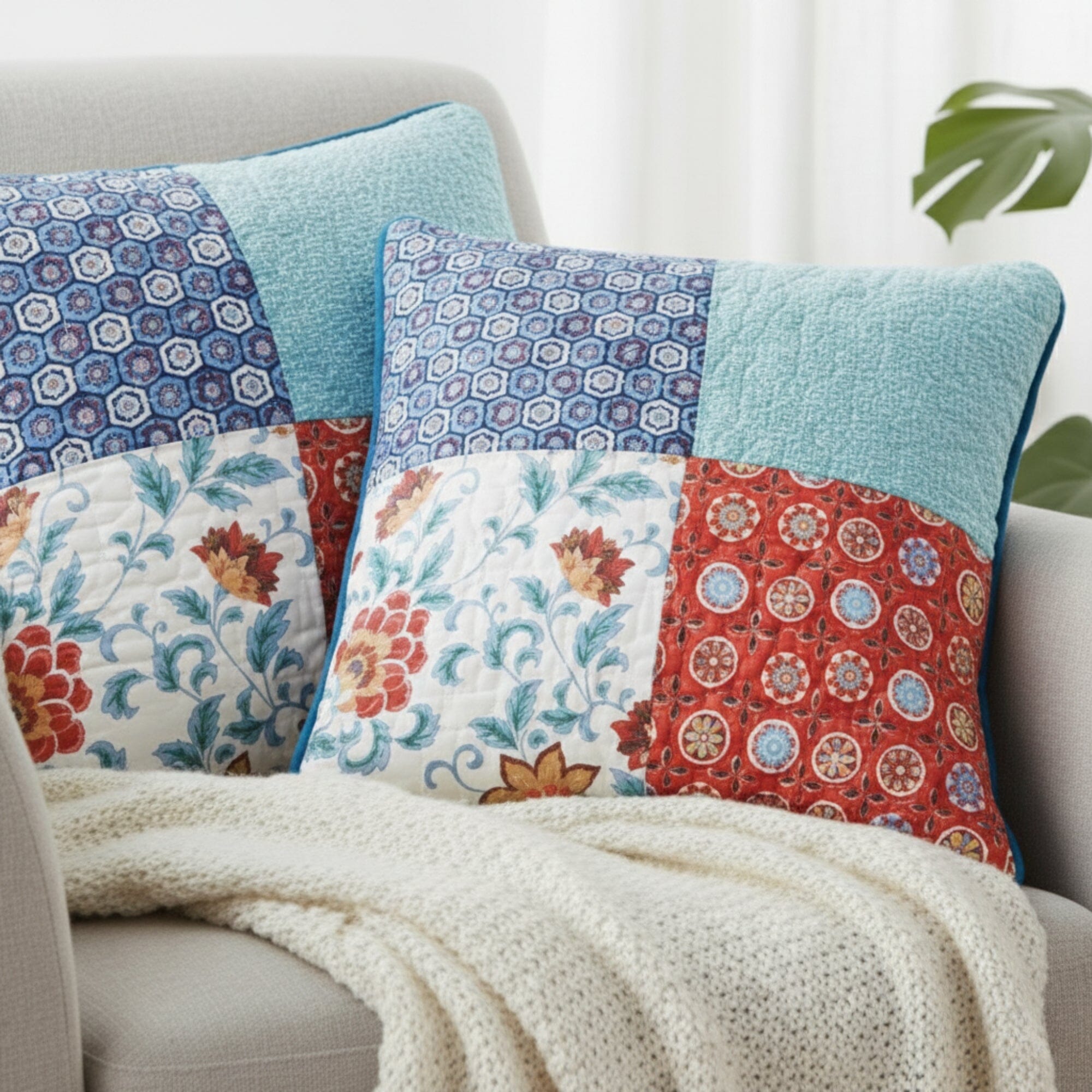 Set of 2-Pieces Bohemian Vibes Patchwork Floral Throw Pillow Covers, 18" x 18" (JHW878)