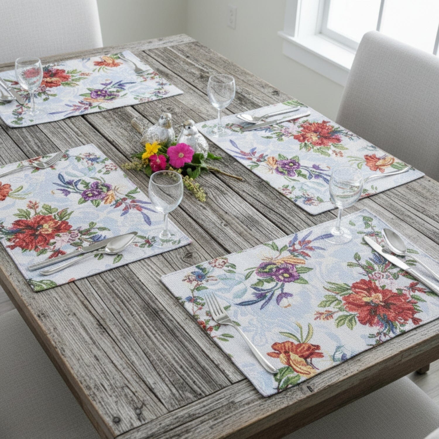 Set of 4-Pieces Tropical Sky Blue Birds Floral Tapestry Dining Table Placemats 13" x 19" (18116)