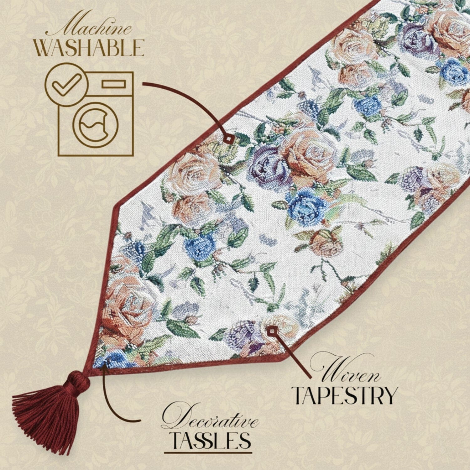 Vintage Romantic Roses Lovely Pink Floral Woven Tapestry Dining Table Runner (879)