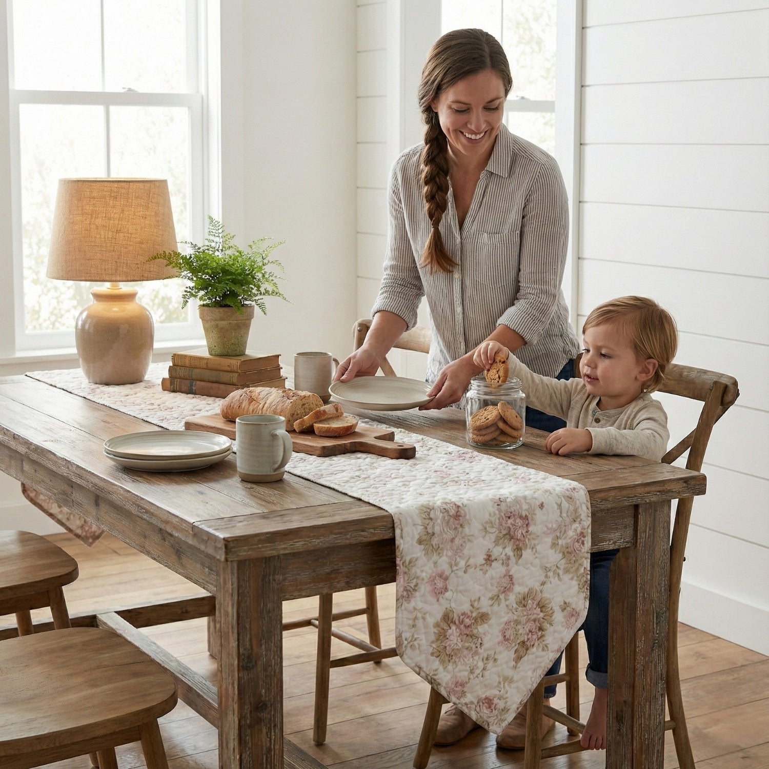 Hint of Mint Cottage Floral Roses Cotton Dining Table Runner (3036)