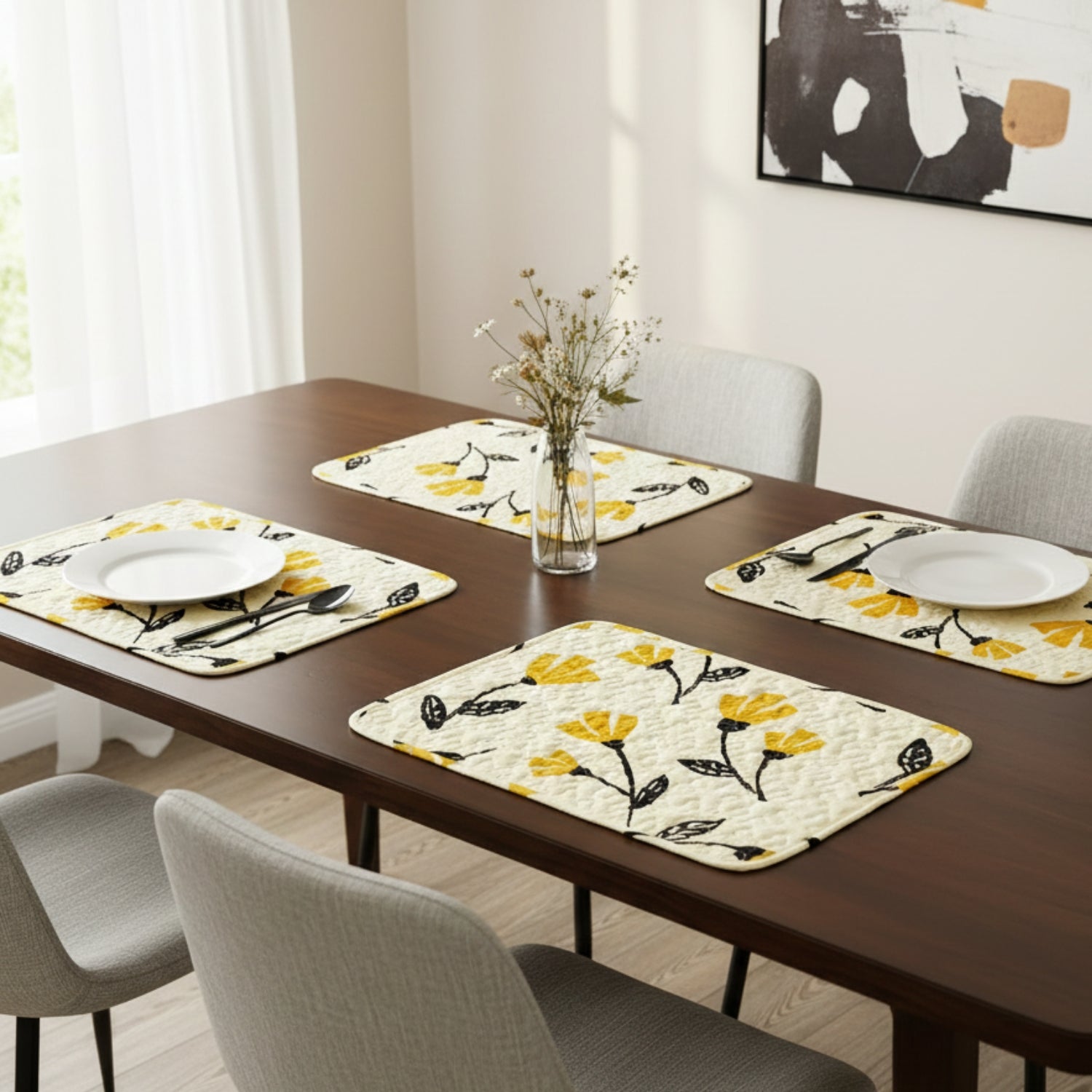 Botanical Floral Dining Table Placemats - Set of 4-Pieces Quilted Ivory with Yellow Fleur Golden Orange Spring Time Tulips - 13 x 19