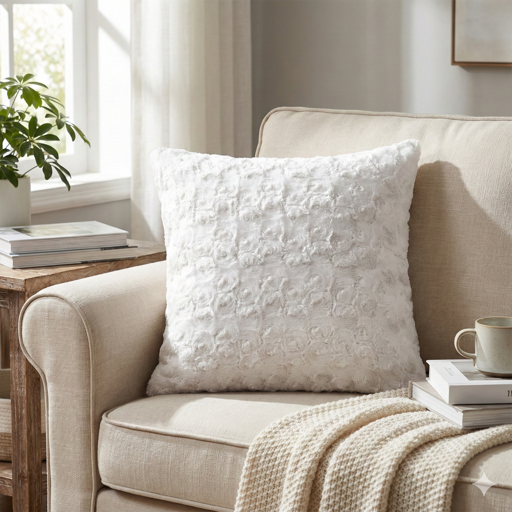 Luxury White Roses Swirls Faux Fur Euro Cushion Throw Pillow Cover (K11)