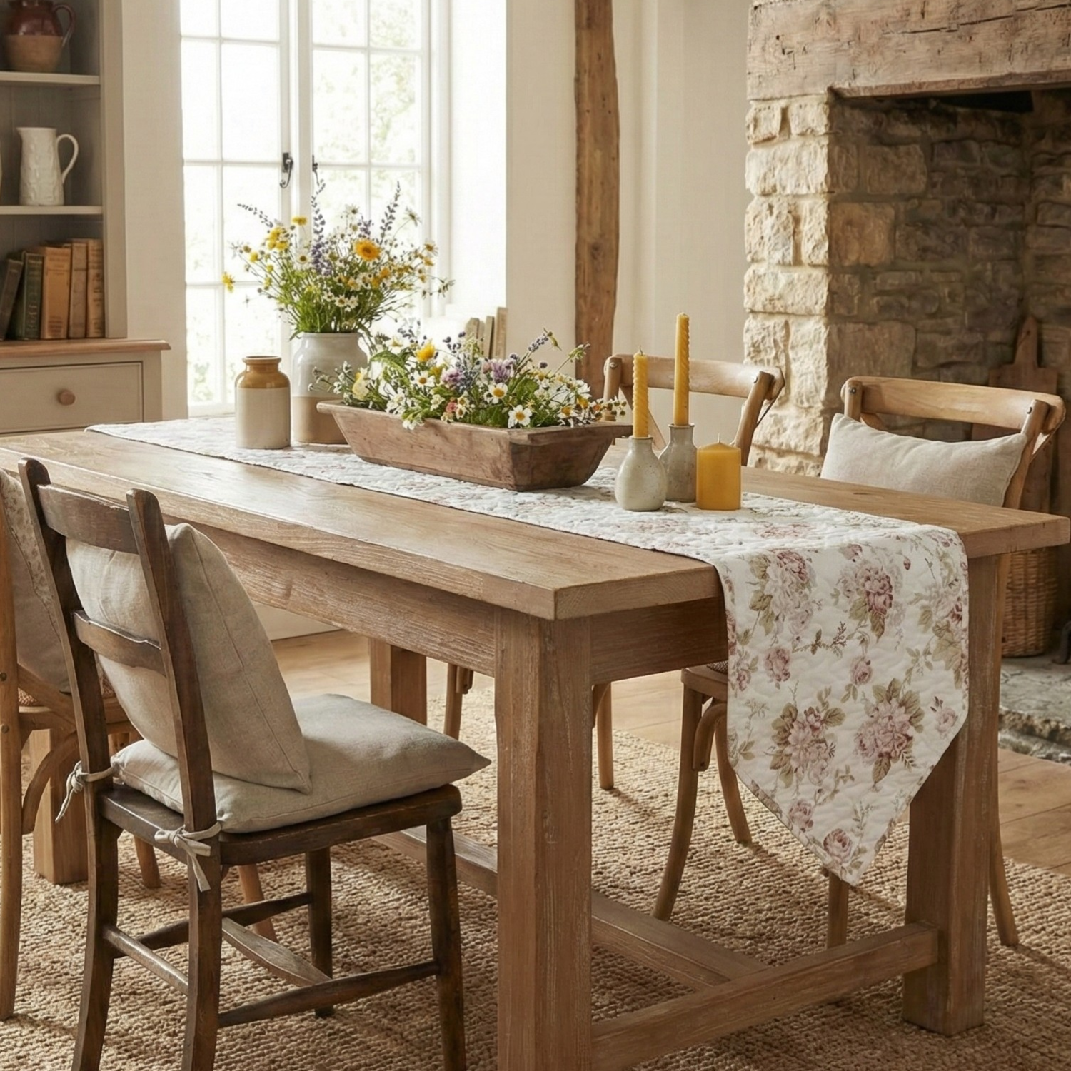 Hint of Mint Cottage Floral Roses Cotton Dining Table Runner (3036)