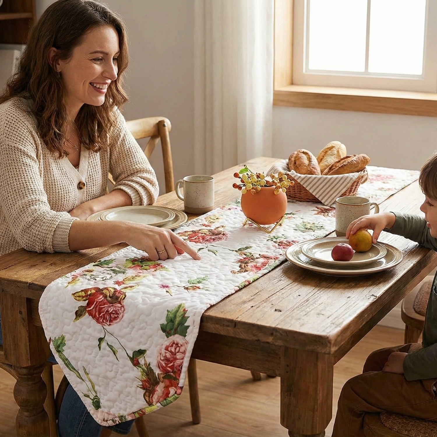 Romantic Roses Pink White Lovely Floral Quilted Dining Table Runner (879)