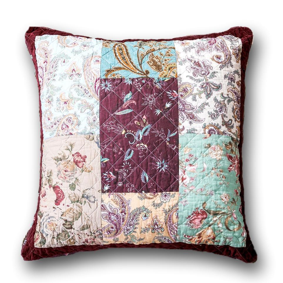 Patchwork Burgundy Red Velvet Floral Euro Pillow Cover, 26" x 26" (JHW-868)