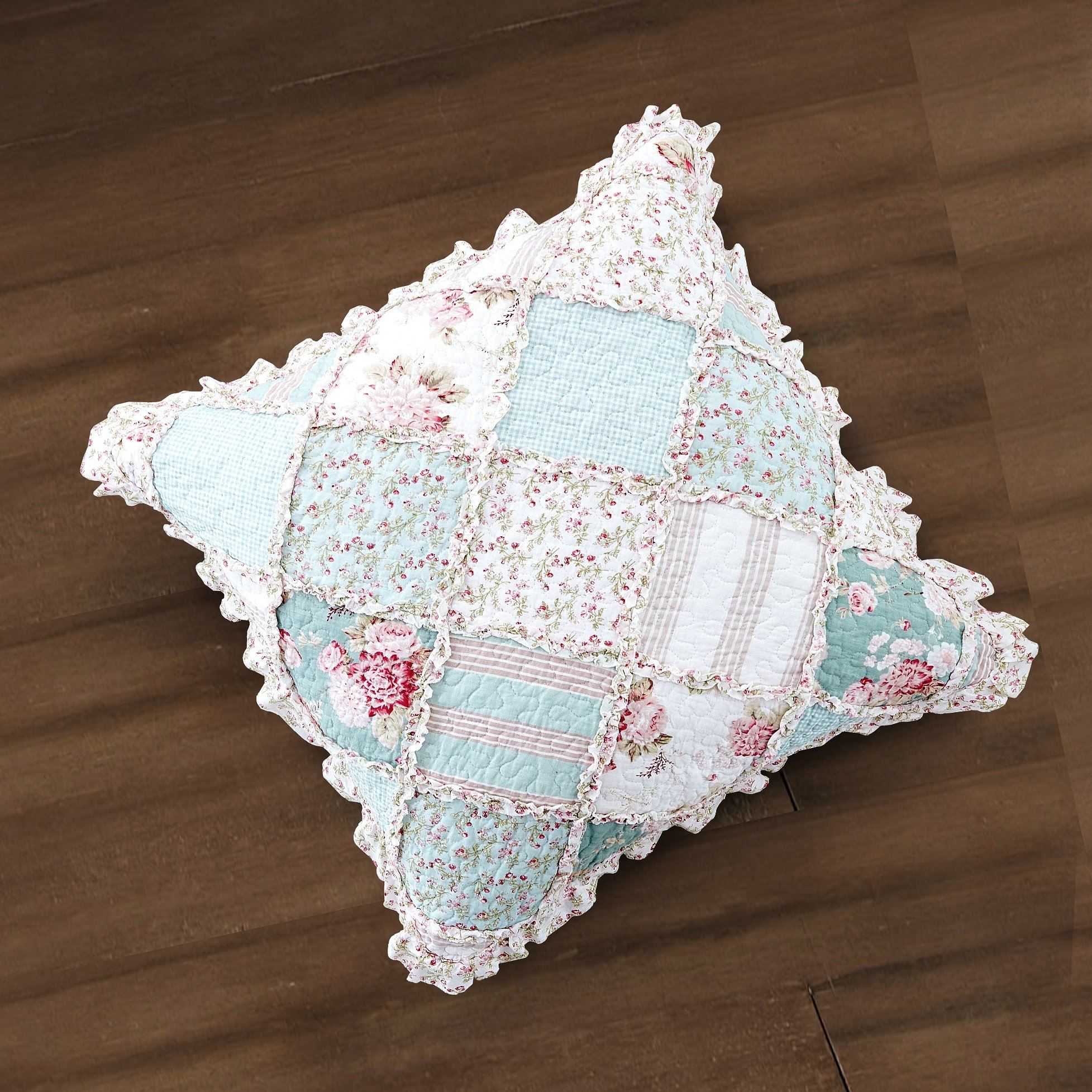 Patchwork Hint of Mint Floral Cotton Patchwork Euro Pillow Cover