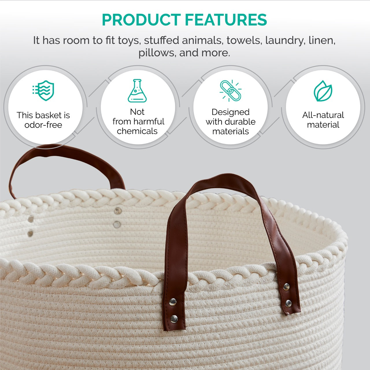 Extra Large Round Cotton Rope Storage Basket Laundry Hamper with Leather Handles