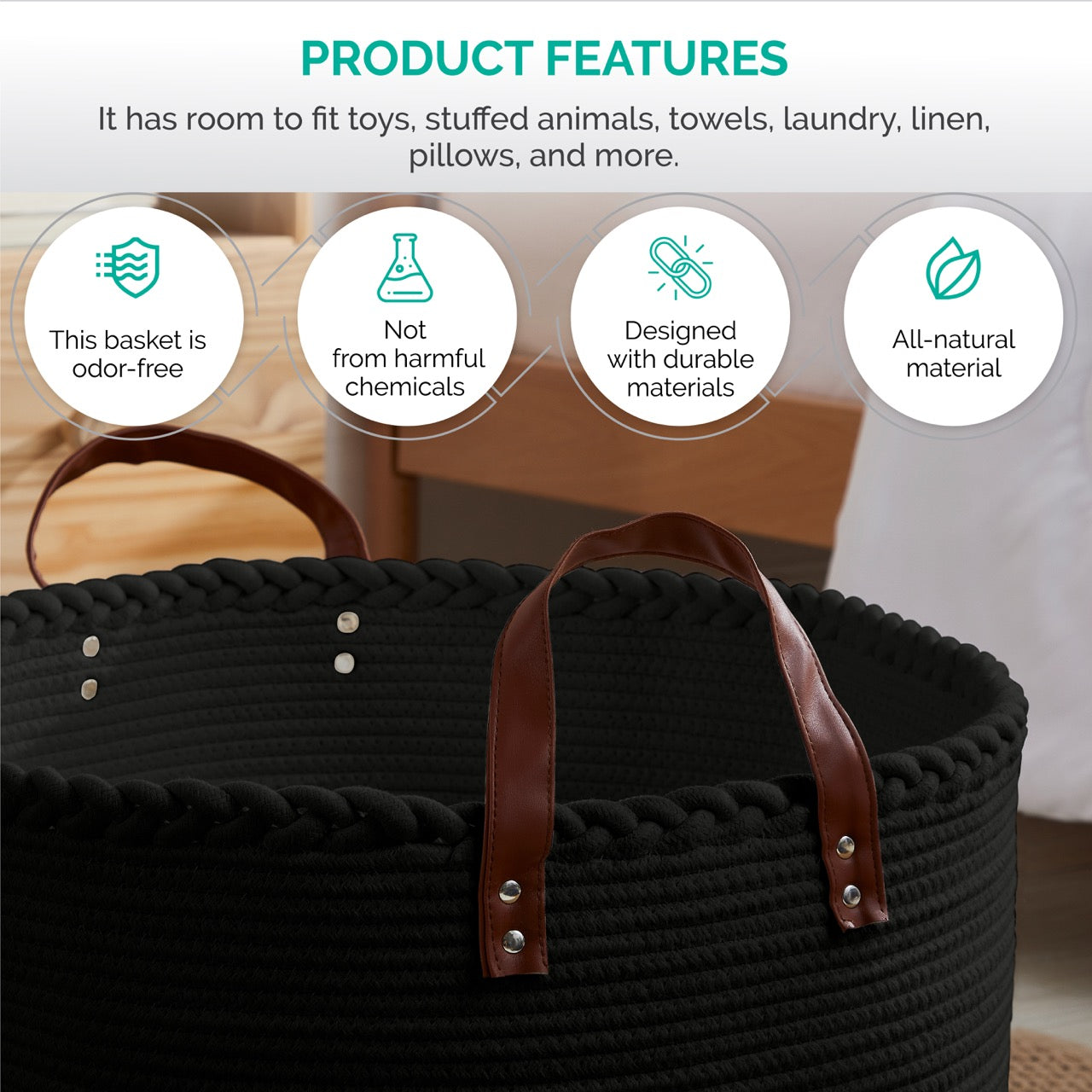 Extra Large Round Cotton Rope Storage Basket Laundry Hamper with Leather Handles