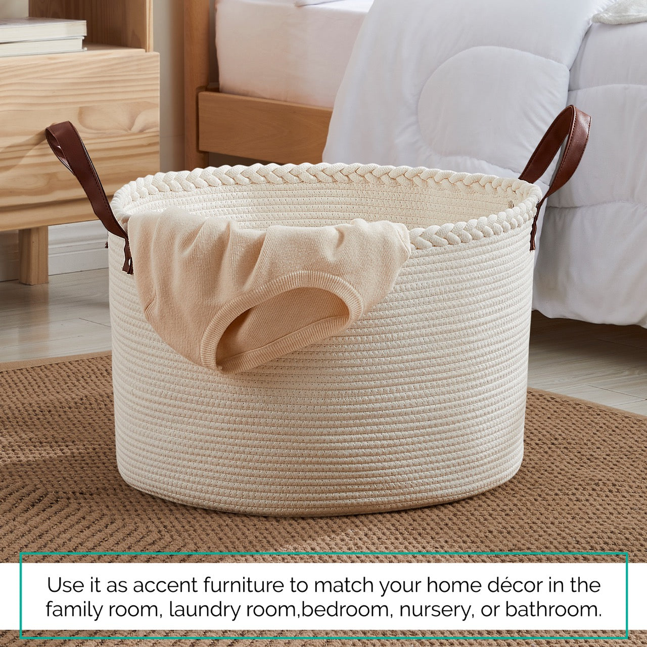 Extra Large Round Cotton Rope Storage Basket Laundry Hamper with Leather Handles