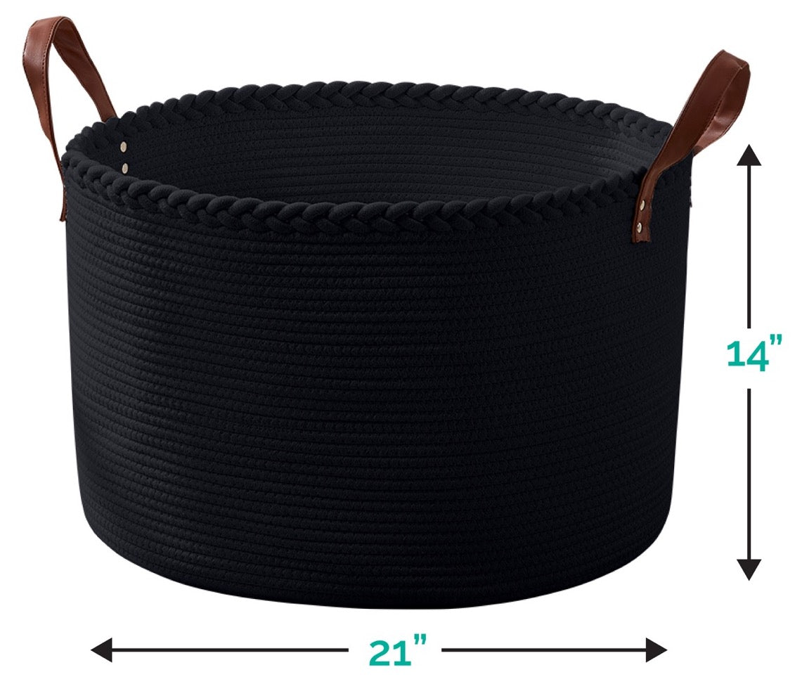Extra Large Round Cotton Rope Storage Basket Laundry Hamper with Leather Handles