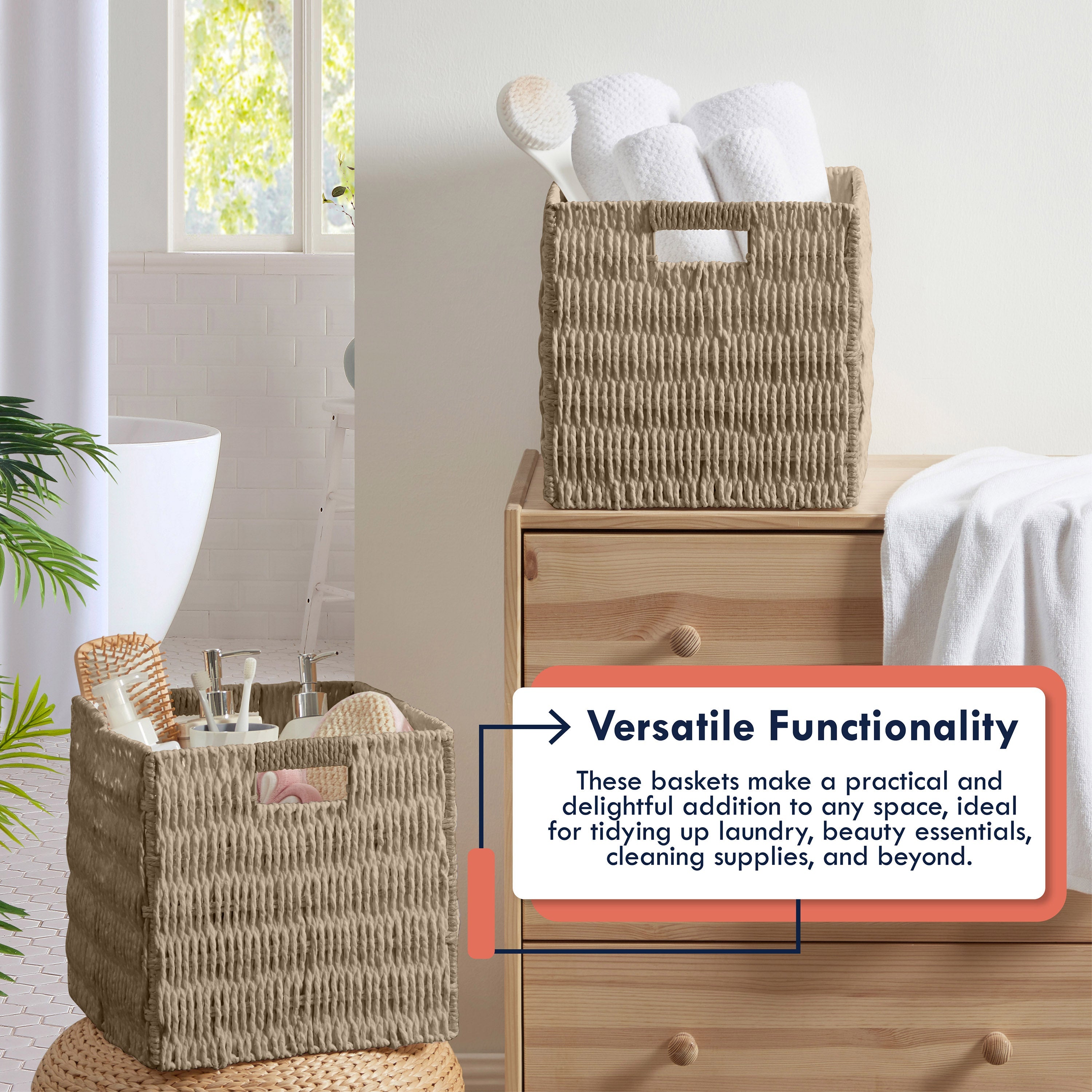 Foldable Paper Wicker Storage Shelf Basket Cube Bin with Handles - Beige