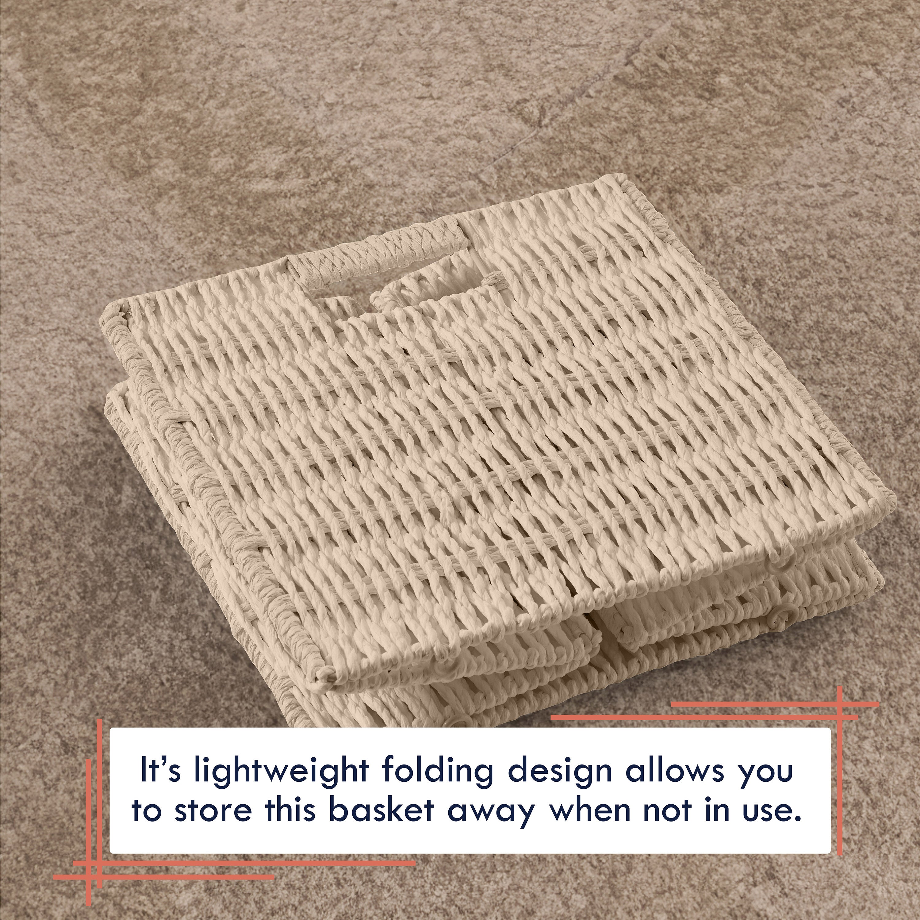 Foldable Paper Wicker Storage Shelf Basket Cube Bin with Handles - Beige