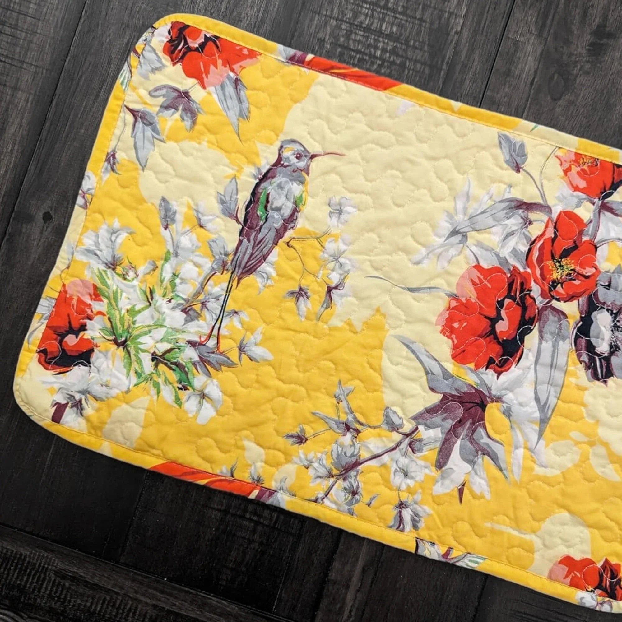Radiant Sunshine Yellow Floral Dining Table Placemats - Set of 4-Pieces Quilted Hummingbirds Farmhouse Red Flowers - 13 x 19