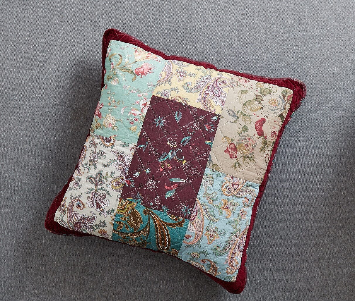 Patchwork Burgundy Red Velvet Floral Euro Pillow Cover, 26" x 26" (JHW-868)