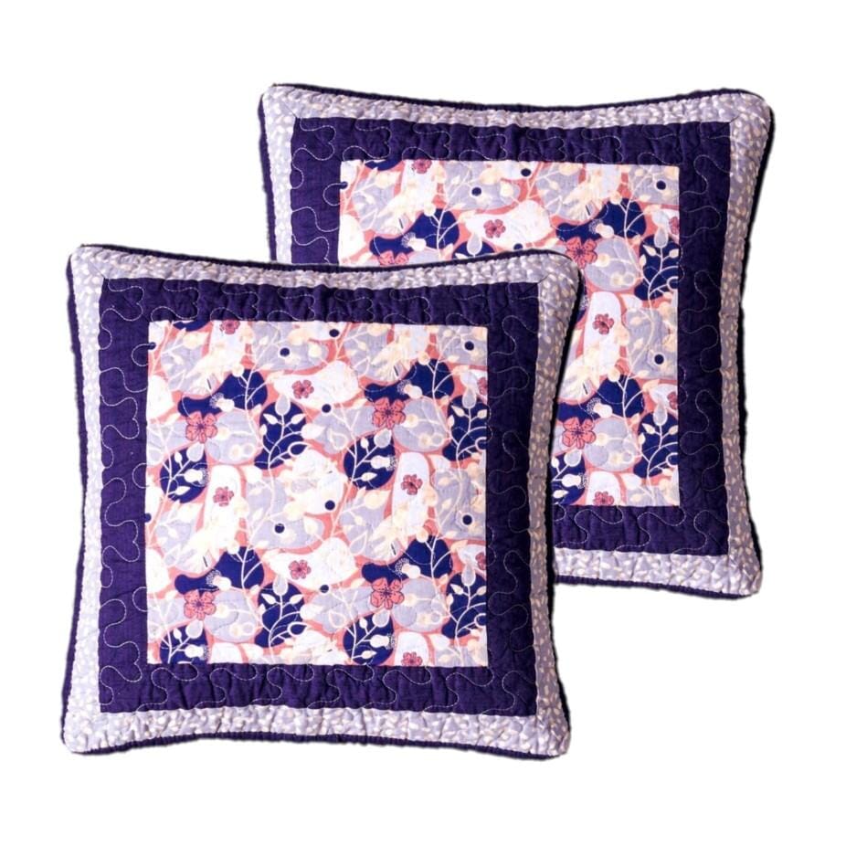 Set of 2-Pieces Peachy Blossoms Purple Floral Patchwork Throw Pillow Covers, 18" x 18" - Designed in USA (JHW877)