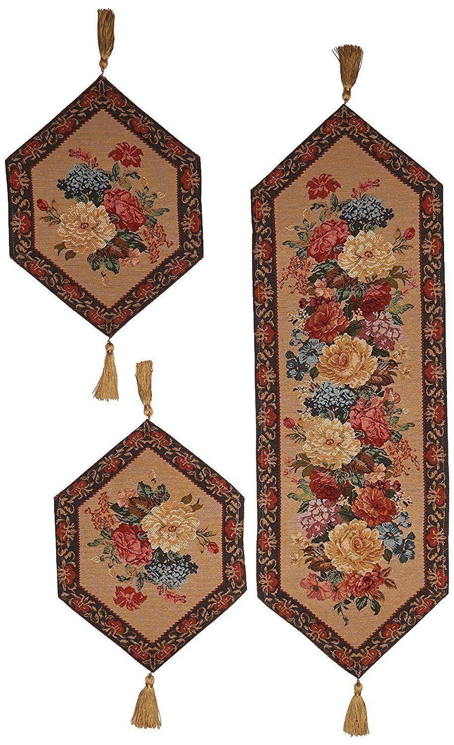 Set of 3-Pieces - Breath of Spring Floral Beige Woven Dining Tapestry Table Runners (3089)