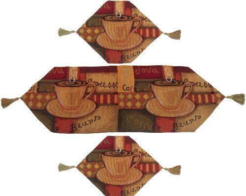 Set of 3-Pieces - Smell of Coffee Cafe Cup Orange Brown Woven Tapestry Dining Table Runners (9912)